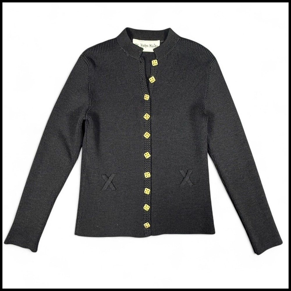 Vintage St. John Knits Black‎ Santana Knit Cardigan Gold Button Luxury 80s XS/S